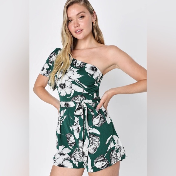 Lulus Pants - Lulus Flawless Moments Green Floral Print One-Shoulder Romper